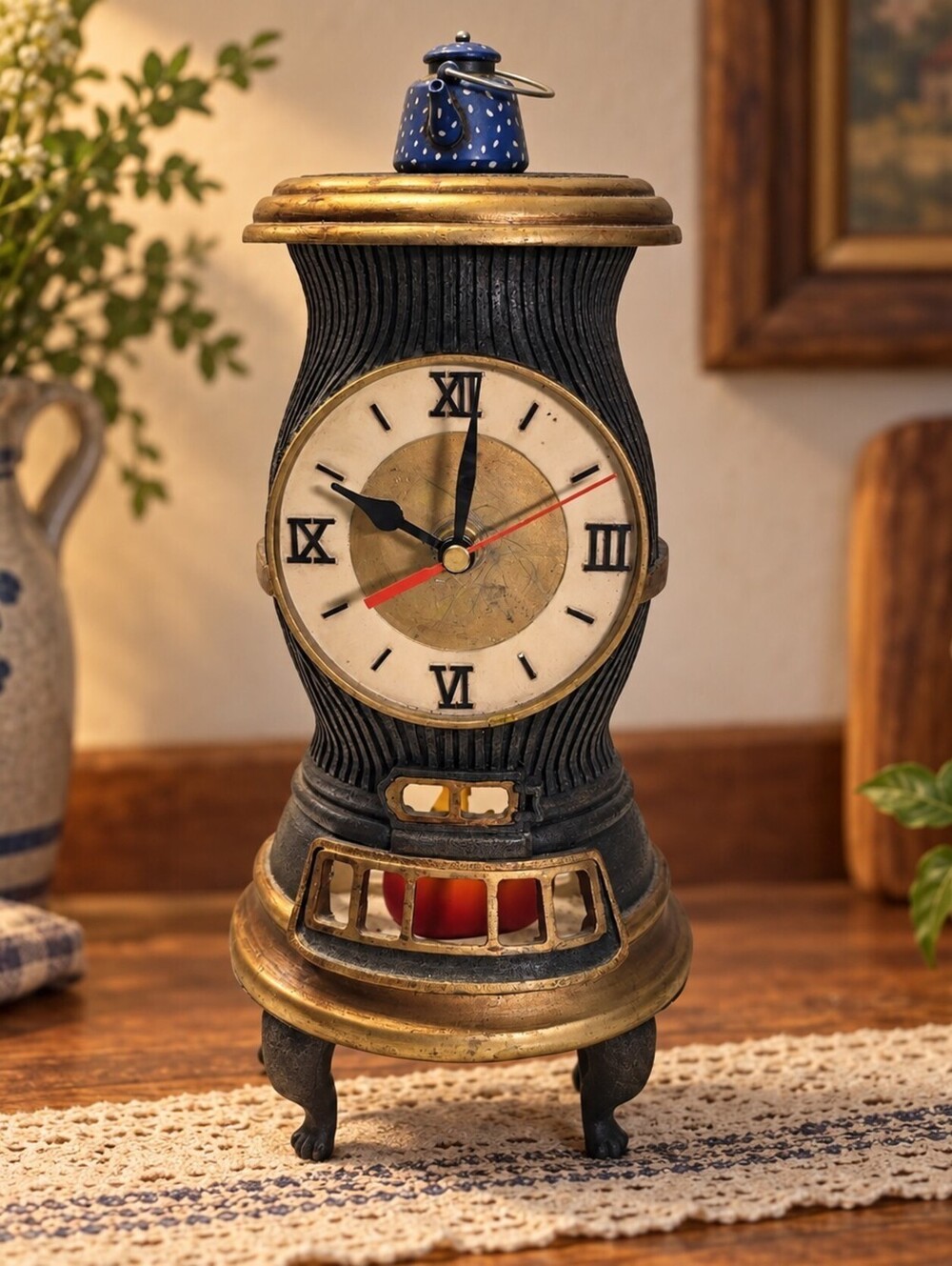 Vintage Ceramic Novelty Stove Teapot Clock – Blue & White – Pristine Condition!